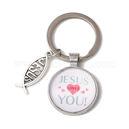 I Love Jesus Symbol Glass Pendant Keychain with Alloy Jesus Fish Charm KEYC-G058-01B-1