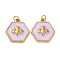 304 Stainless Steel Enamel Pendants, Hexagon with Bees Charm, with Jump Ring, Ion Plating(IP), Real 18K Gold Plated, Medium Purple, 15.5x15x3mm, Hole: 2.5mm