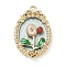 Brass Enamel Pendants, Oval with Flower Charms, with ABS Imitation Pearl, Real 18K Gold Plated, 31.5x20x6.5mm, Hole: 2.3mm