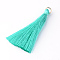 Nylon Thread Tassel Big Pendants Decoration, with Brass Findings, Golden, Cyan, 63~66x7mm, Hole: 7mm