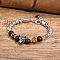Tiger Eye Beaded Bracelets, with Stainless Steel Curb Chains, Tiger, Stainless Steel Color, 7-1/2~8-5/8 inch(19~22cm)