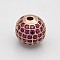 Brass Micro Pave Grade AAA Cubic Zirconia Beads, Cadmium Free & Nickel Free & Lead Free, Round, Magenta, Rose Gold, 10mm, Hole: 2mm