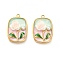 304 Stainless Steel Enamel Pendants, with Resin and ABS Imitation Pearl, Rectangle with Flower, Ion Plating(IP), Real 18K Gold Plated, Pale Green, 23.5x15.5x6mm, Hole: 1.6mm