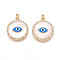 Brass Micro Pave Cubic Zirconia Pendants, Flat Round with Evil Eye, with Shell & Enamel & ABS Imitation Pearl, Real 18K Gold Plated, 25x22x4mm, Hole: 5x2mm
