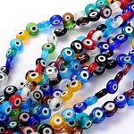 Handmade Lampwork Beads, Evil Eye, Flat Round, Mixed Color, about 8mm in diameter, 4mm thick, hole: 1mm, about 50pcs/strand