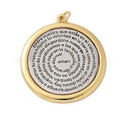 Colgantes de latón, chapado en rack, sin plomo y cadmio, Plano redondo con el padrenuestro en español, Plateado de larga duración, real 18k chapado en oro, con anillo de salto, platino y oro, 38.5x32x3mm