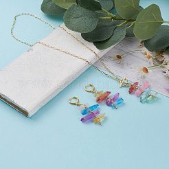 電気メッキ天然水晶ビーズジュエリーセット  ペンダントネックレスとフープピアス  真鍮製のペーパークリップチェーン付き  ゴールドカラー  20.07インチ（51cm）  60~66mm&nbsp;SJEW-JS01166