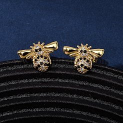 Серьги-гвоздики в виде пчел с микропаве из кубических цирконий из латуни EJEW-K267-42G