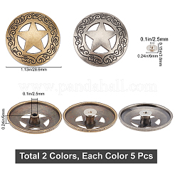 10穴合金ボタン1個  ネジ付き  スターとフラットラウンド  diy シャツ  ジーンズと洋服 ハンドクラフト ガーメント アクセサリー  ミックスカラー  28.6x6mm  穴：2.5mm  5個/カラー  2色  10個/箱&nbsp;FIND-GF0002-22