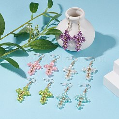 パールガラスパール編みクロスダングルピアス  女性のためのワイヤーラップ真鍮ジュエリー  ミックスカラー  58mm  ピン：0.7mm&nbsp;EJEW-JE04843