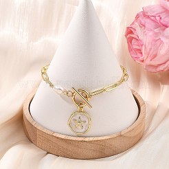 海をテーマにした真鍮製エナメルチャームブレスレット  女性用304ステンレススチールペーパークリップチェーンブレスレット  フラットラウンド  天然養殖淡水パール  18KGP本金メッキ  7.64インチ（19.4cm）&nbsp;BJEW-JB13879