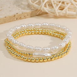 Elegantes conjuntos de pulseras elásticas apilables de perlas keshi sintéticas y cuentas redondas de latón para mujer.&nbsp;GT9048