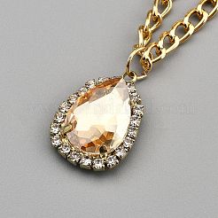 Латунный горный хрусталь подвеска-слеза алюминиевая цепь ожерелья для женщин&nbsp;NJEW-WH0817-005KCG-01