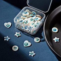 60個6スタイルの天然淡水シェルチャーム  エナメル  星とハートとナザールボンジュウのあるフラットラウンド  ミックスカラー  10~12x10~13x3mm  穴：1~1.4mm  10個/スタイル&nbsp;SHEL-LS0001-05