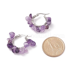 Плетеные серьги-кольца с кусочками натуральных драгоценных камней EJEW-JE04985