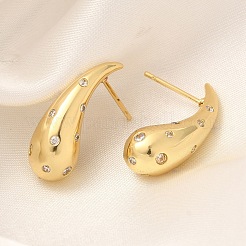 Серьги-гвоздики из латуни с микропаве из прозрачного кубического циркония с покрытием в виде капли&nbsp;EJEW-H143-18G