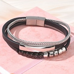 マイクロファイバーレザーコードを使用したマルチ連ブレスレット  304ステンレススチール製ブレスレット（女性用、男性用）  マグネットクラスプ付き  ブラック  8.35インチ（21.2cm）&nbsp;BJEW-C153-01F