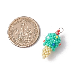 ガラスシードビーズのアイスクリームペンダント  304ステンレススチール製丸カン付き  グリーン  30.5x13mm  穴：2.5mm&nbsp;PALLOY-MZ00550-02
