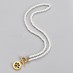 Colliers avec pendentifs en 304 acier inoxydable, avec perles rondes en acrylique imitation perle et fermoirs à bascule, rond plat avec empreinte de patte de chien, blanc, or, 17.95 pouce (45.6 cm)