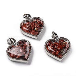 Glass Bottle Pendants, with Natural Red Jasper Chips and Platinum Plated Alloy Findings, Heart, 40x32.5x11mm, Hole: 8x5mm