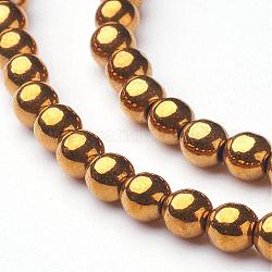 Chapelets de perles en hématite synthétique sans magnétiques, ronde, or, 3mm, Trou: 0.8~1mm, Environ 136 pcs/chapelet, 15.7 pouce