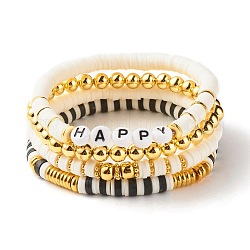 4 x Heishi-Perlen-Stretcharmbänder im 4-Stil aus Polymer-Ton mit synthetischem Hämatit, Happy Word adrette Armbänder für Frauen, golden, Innendurchmesser: 2-1/4 Zoll (5.8 cm)