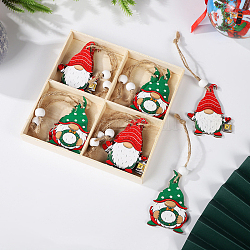 Christmas Wooden Gnome Box Set Pendant Decoration, with Hemp Rope and Wood Beads, for Christmas Tree Hanging Ornaments, Colorful, 60~65x40~50mm, 4style, 3pcs/style, 12pcs/box