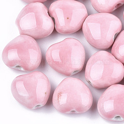 Manuell Porzellan Perlen, hell glasierten Porzellan-Stil, Herz, rosa, 14~15x16x9~10 mm, Bohrung: 2 mm