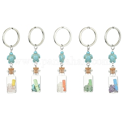 Souhaitant des porte-clés pendentif en verre de bouteille, avec des perles de pierres précieuses et des rouleaux de papier à l'intérieur et une tortue de mer turquoise synthétique, Porte-clés fendus en fer, 9.8~9.9 cm