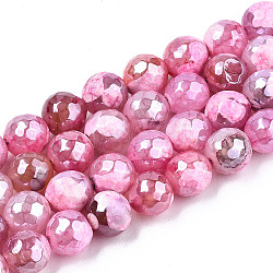 Electroplate cuentas de ágata natural de hebras, teñido, facetados, lustre de la perla chapado, redondo, color de rosa caliente, 8.5x7~8mm, agujero: 1.2 mm, aproximamente 47~48 pcs / cadena, 13.78 pulgada ~ 13.98 pulgadas (35 cm ~ 35.5 cm)