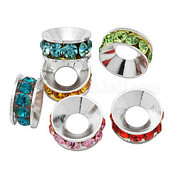 Brass Rhinestone Spacer Beads, Grade A, Rondelle, Silver Color Plated, Mixed Color, 7x3.3mm
