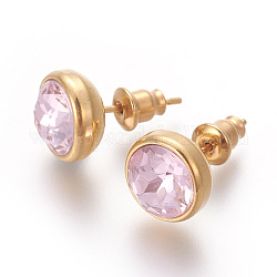 304 Stainless Steel Ear Studs, with Cubic Zirconia, Ion Plating (IP), Flat Round, Golden, Pearl Pink, 10x17mm, Pin: 0.7mm