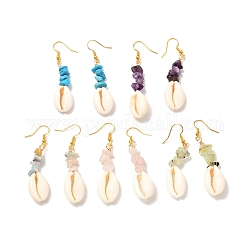 Boucles d'oreilles pendantes en cauris naturels, bijoux en laiton pour fille femmes, boucles d'oreilles en perles de pierre mélangées naturelles et synthétiques, or, 62mm, pin: 0.7 mm