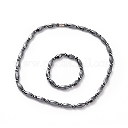 Synthetisches Hämatit-Stretcharmband mit gedrehten rechteckigen und runden Perlen und Perlenkette mit Magnetverschluss, Edelstein-Schmuckset für Männer und Frauen, Innendurchmesser: 2-1/2 Zoll (6.4 cm), 20.75 Zoll (52.7 cm), 2 Stück / Set