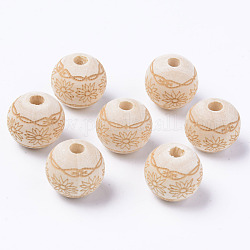 Unfinished Natural Wood European Beads, Large Hole Beads, for DIY Painting Craft, Laser Engraved Pattern, Round with Flower Pattern, Antique White, 16x14.5mm, Hole: 4mm