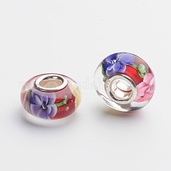 Handmade Lampwork European Large Hole Beads, with 925 Sterling Silver Core, Rondelle, Colorful, 14.5x8.5mm, Hole: 5mm
