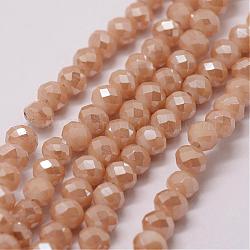 Fili di perle di vetro placcato, rondelle, sfaccettato, lustro di perla placcato, peachpuff, 4x3mm, Foro: 1 mm, circa 130~135pcs/filo, (15.3~15.7 pollice) 39~40 cm