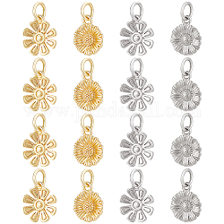 BENECREAT 16Pcs 4 Styles Brass Charms, with Jump Ring, Sunflower & Flower, Mixed Color, 11x8.5~9x2mm, Hole: 3mm, 4pcs/style