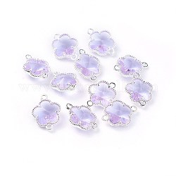 Connecteurs de liens en verre, avec des accessoires de berzel à dos ouvert en alliage écologique, fleur, couleur argentée, lilas, 15.5x12x5mm, Trou: 1.4mm