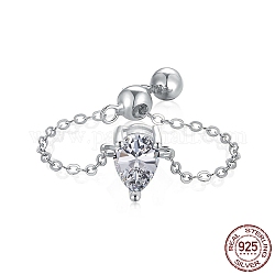 925 кольцо-цепочка из стерлингового серебра с родиевым покрытием, кольцо с камнем, Реальная платина, с каплей циркония для женщин, регулируемое скользящее кольцо, прозрачные, 1.2 мм, размер США 7 (17.3 мм)