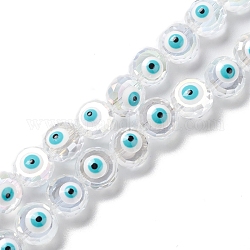 Transparente Evil-Eye-Glasperlenstränge, mit Emaille, facettiert, Flachrund, weiß, 10x8~8.5 mm, Bohrung: 1.4 mm, ca. 40 Stk. / Strang, 14.57'' (37 cm)
