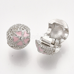 Legierung europäischen Spangen, Großloch perlen, mit Emaille, Unterlegscheibe mit Blume, Platin Farbe, Perle rosa, 9.5x8.5 mm, Bohrung: 3.5 mm