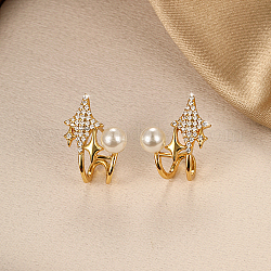 Brass Star Stud Earrings with Shell Pearl, Clear Cubic Zirconia Half Hoop Earrings, Real 18K Gold Plated, 17x13mm