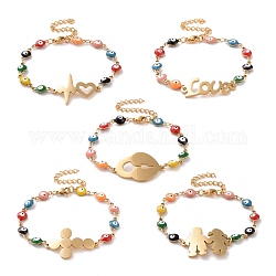 Placage sous vide 304 bracelet à maillons en acier inoxydable avec des chaînes de mauvais œil en émail coloré pour les femmes, or, 6-3/4 pouce (17 cm)