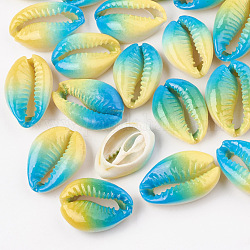 Spray Painted Natural Cowrie Shell Beads, Two Tone, No Hole/Undrilled, Yellow, 20~30x13~21x5~10mm