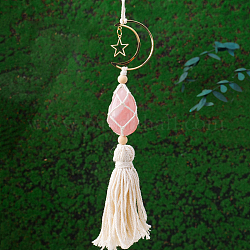 Handgefertigte Makramee-Baumwolle mit natürlichen Rosenquarz-Anhängerdekorationen, Mond mit Stern als Hängeornament für den Innenspiegel eines Autos, 420~430 mm