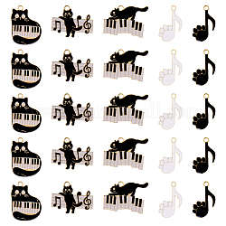 サニークルー 30 個 5 スタイル音楽テーマチャーム  合金エナメルチャーム  ピアノと楽譜を持つ猫  ゴールドカラー  ミックスカラー  20~28x17~28x1.2mm  穴：2mm  6個/スタイル