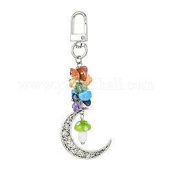 Moon Alloy Pendant Decoraiton, with Gemstone Chip Beads and Mushroom Handmade Lampwork Beads, Alloy Swivel Clasps, Chakra, Yellow Green, 103mm