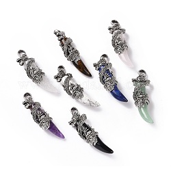 Ciondoli gemstone naturale, con drago in lega color argento antico, 61~65x20.5~21x16mm, Foro: 7x6.5 mm