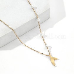 201 Stainless Steel Fishtail Pendant Necklaces, with ABS Imitation Pearl Beaded Chains, Golden, 15.94 inch(40.5cm)